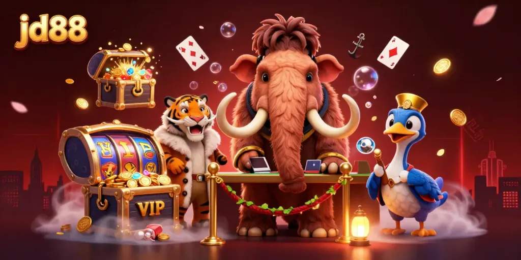 Experience jd88's vibrant casino atmosphere with playful characters and dynamic slot elements.