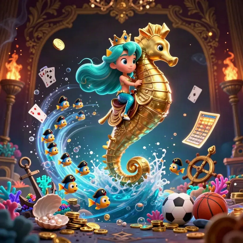 Mermaid princess on golden seahorse amid treasure, fish, coral, and casino glow.