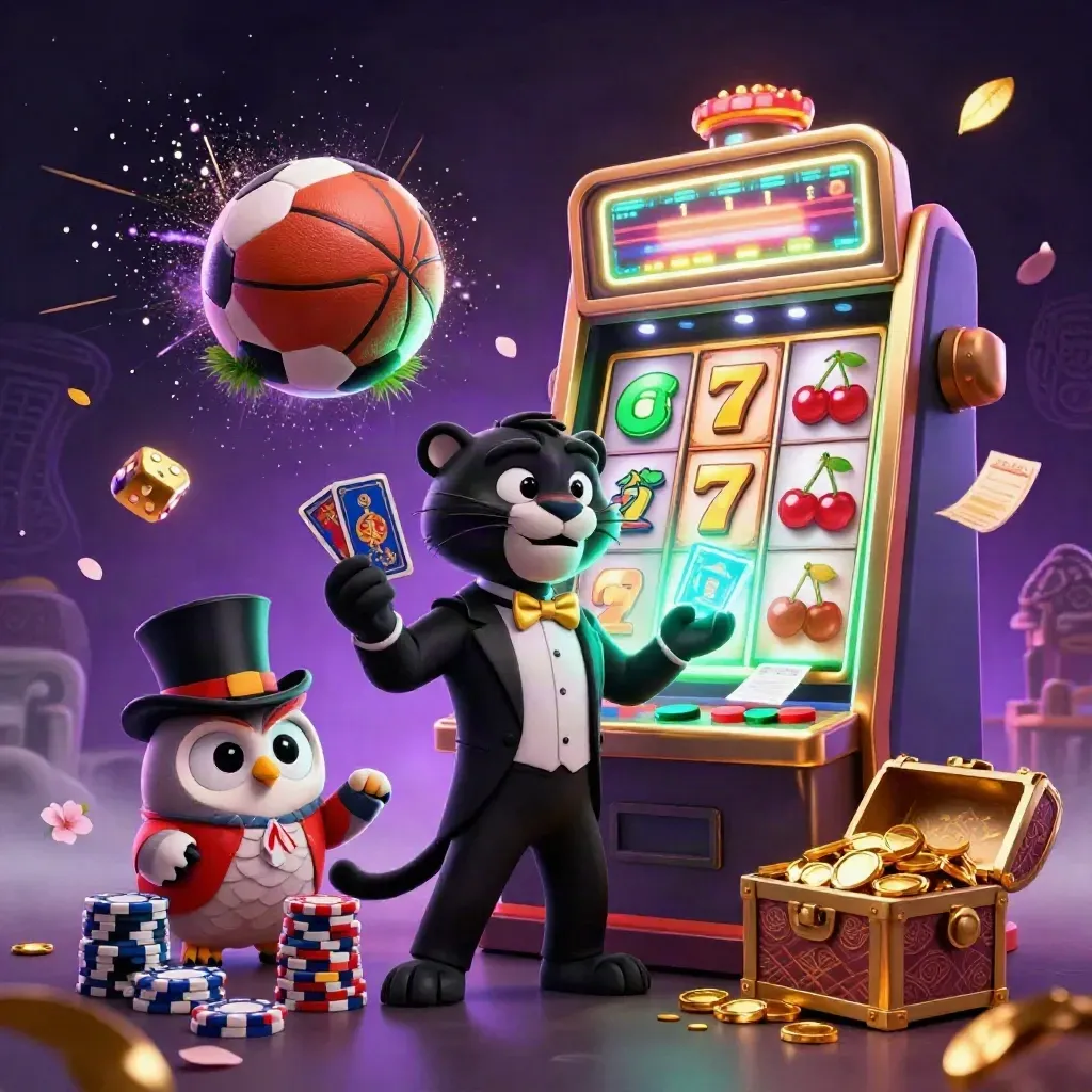 Animal casino heroes with exploding slot symbols, sports balls, gold and neon effects.