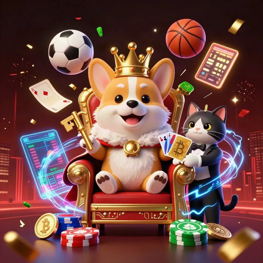 Royal corgi and cat butler amid flying coins, soccer ball, and casino sparks.