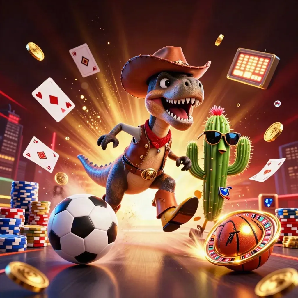 Cowboy T-Rex, cactus, and roadrunner explode through casino sports props in neon gold and blue.