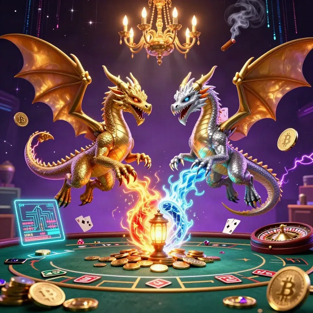 Two intertwined dragon mascots above glowing casino props in a purple-black neon room.