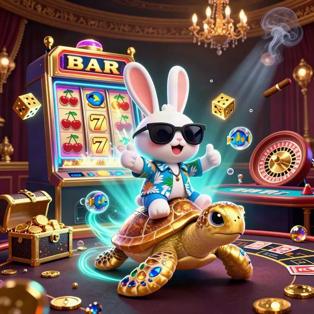 Lucky rabbit rides a golden sea turtle amid casino glow, slots, dice, treasure, and roulette.