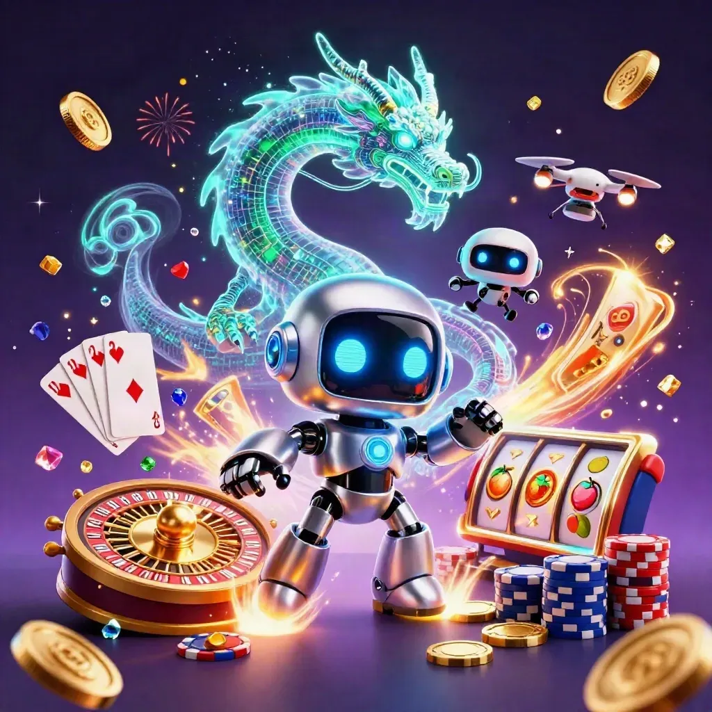 Cyberpunk robot, holographic dragon, and coin drone amid casino chaos and glowing gold.