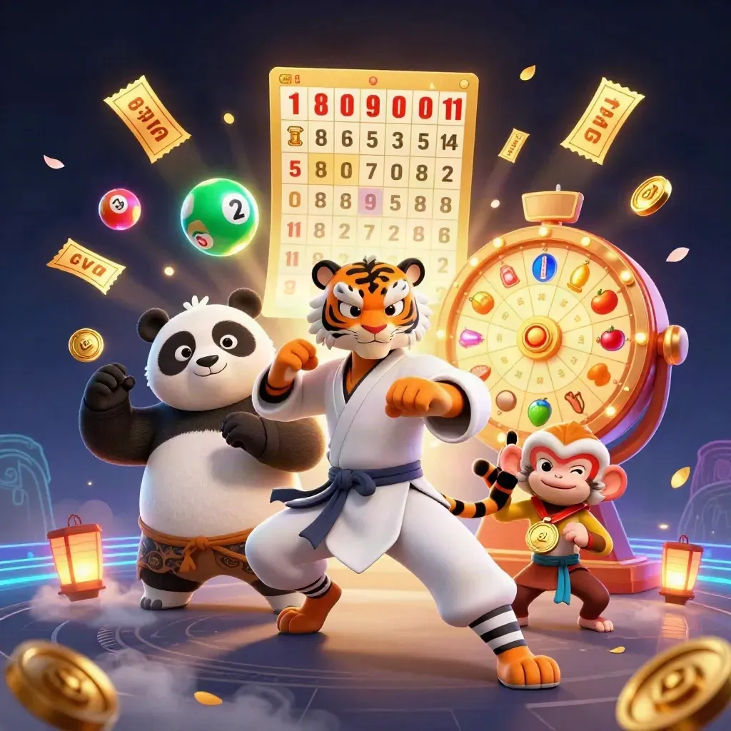 Kung-fu tiger, panda, and monkey amid casino game icons, glowing neon-green and gold.