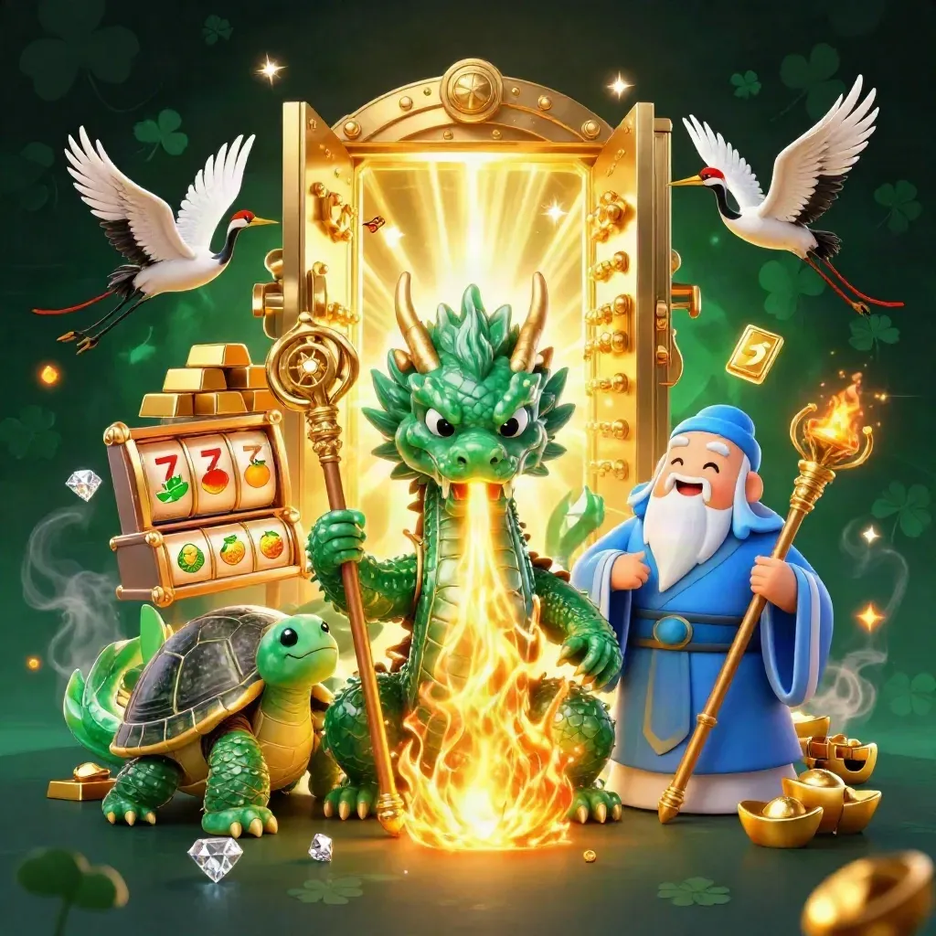 Emerald dragon, turtle sage and cranes amid a gold vault, gems, fire, and casino glow.