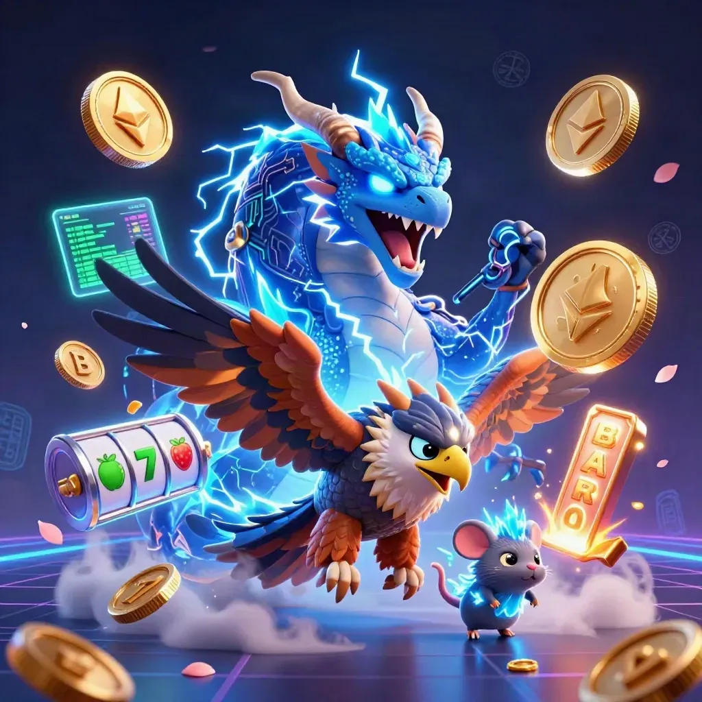 Thunder dragon, hawk, and mouse amid neon coins, runes, and lightning in a casino splash.