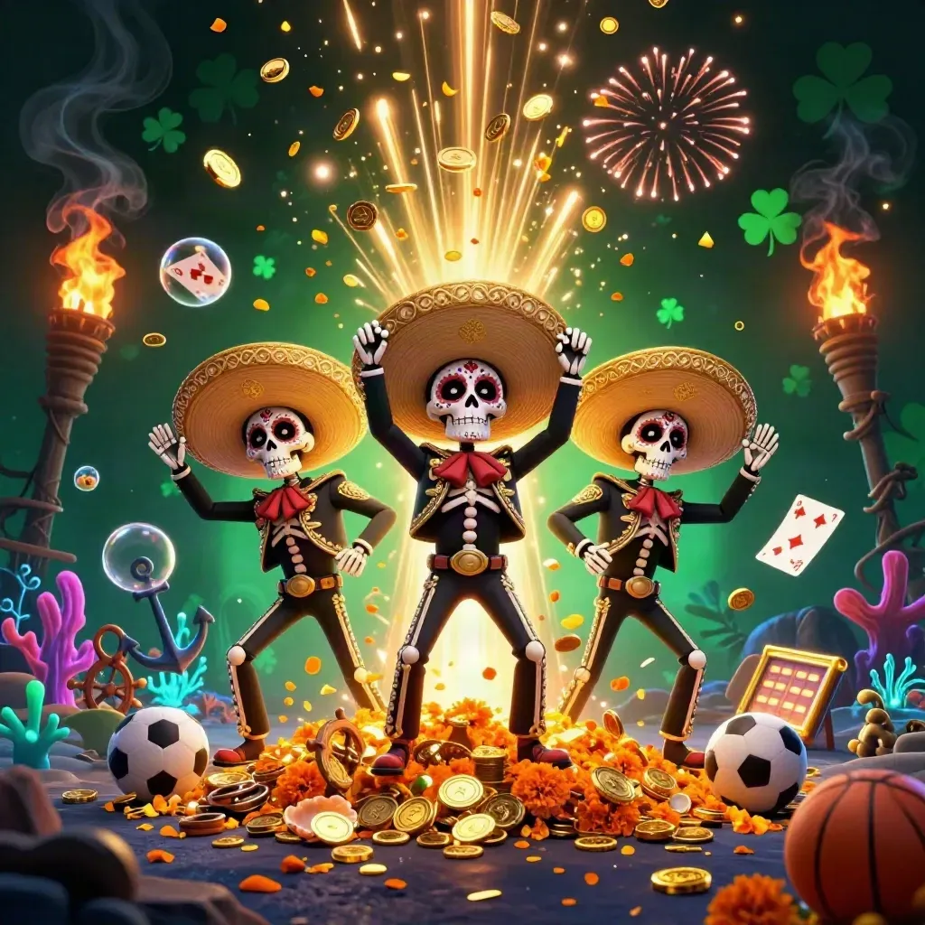 Skeleton mariachi trio amid bursting coins, treasure, coral, and casino props in neon casino glow.