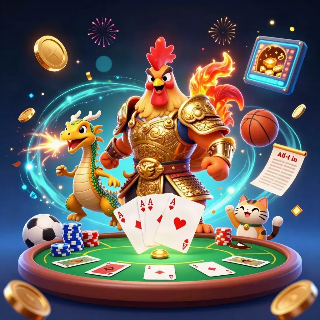 Rooster warrior, dragon hatchling and fortune-cat amid exploding casino treasure and flying coins