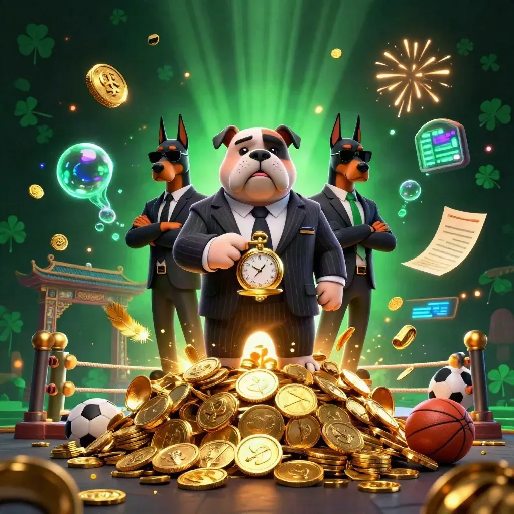 Bulldog mob boss with two Dobermans amid treasure bursts, casino glow, and fireworks