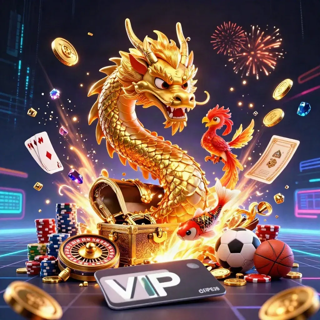 Golden dragon, phoenix and koi amid casino coins, roulette, cards, chips and neon treasure burst.