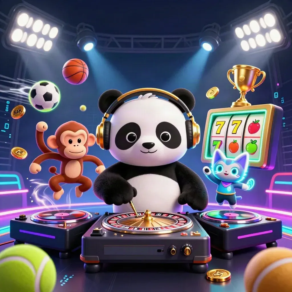 Panda DJ, dancing monkey, and glow-stick kitten amid roulette wheels, coins, balls, and neon casino effects.