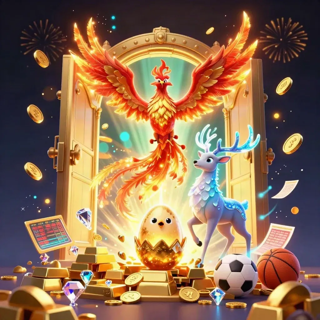 Fire phoenix, hatchling, crystal stag, vault burst, coins, gems, and sports betting props