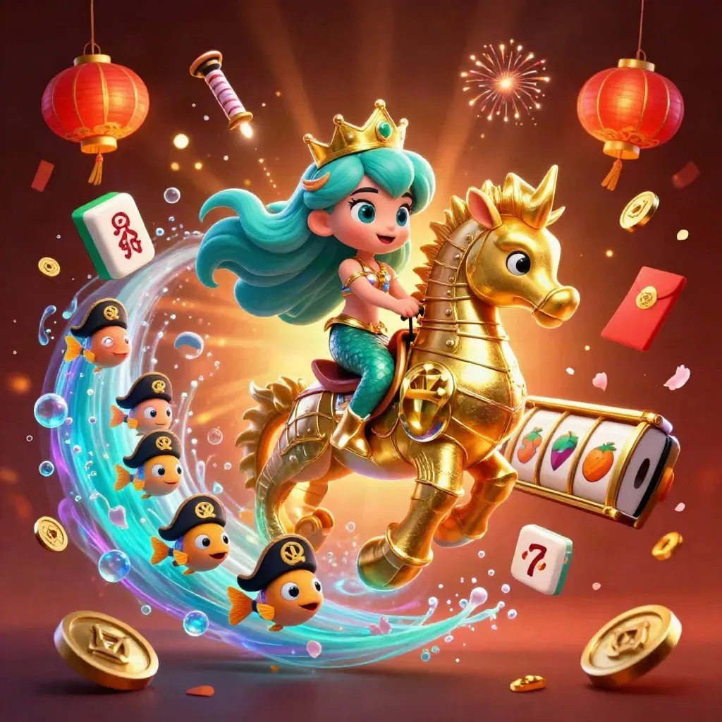 Mermaid princess on golden seahorse amid pirate fish, coins, lanterns, reels, and glowing casino effects.