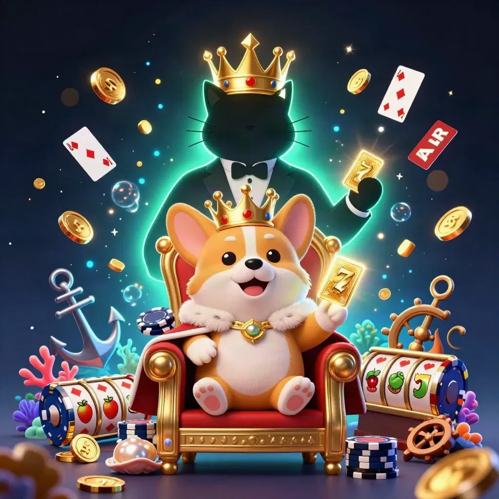 Royal corgi and cat butler amid treasure, cards, reels, and glowing casino effects.