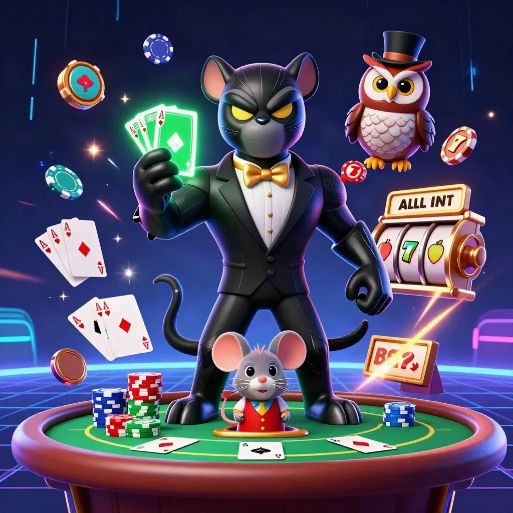 Panther, owl, and mouse casino heroes amid chips, cards, neon grid, and slot reels.