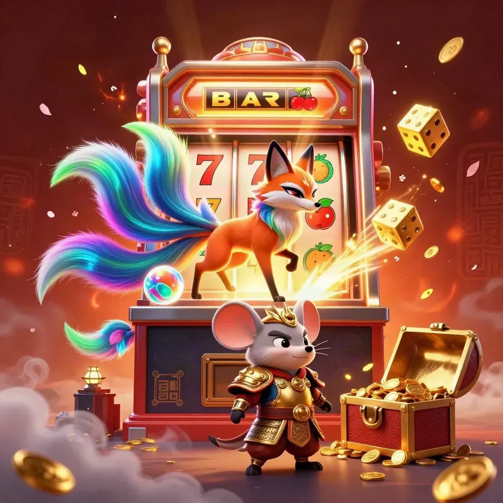 Neon fox spirit and gold-armoured mouse amid a bursting slot machine and jackpot glow.