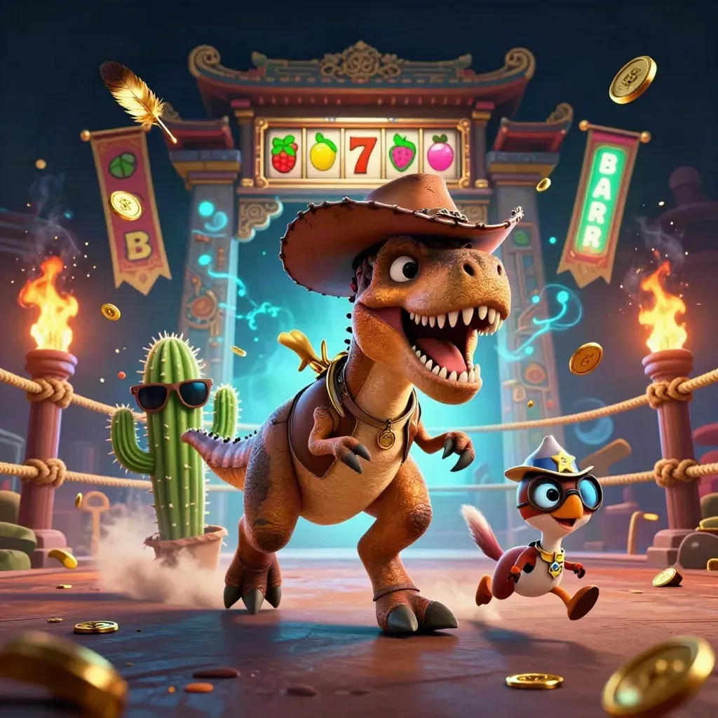 Cowboy T-Rex, cactus sidekick, and roadrunner amid casino symbols and blue-gold effects.
