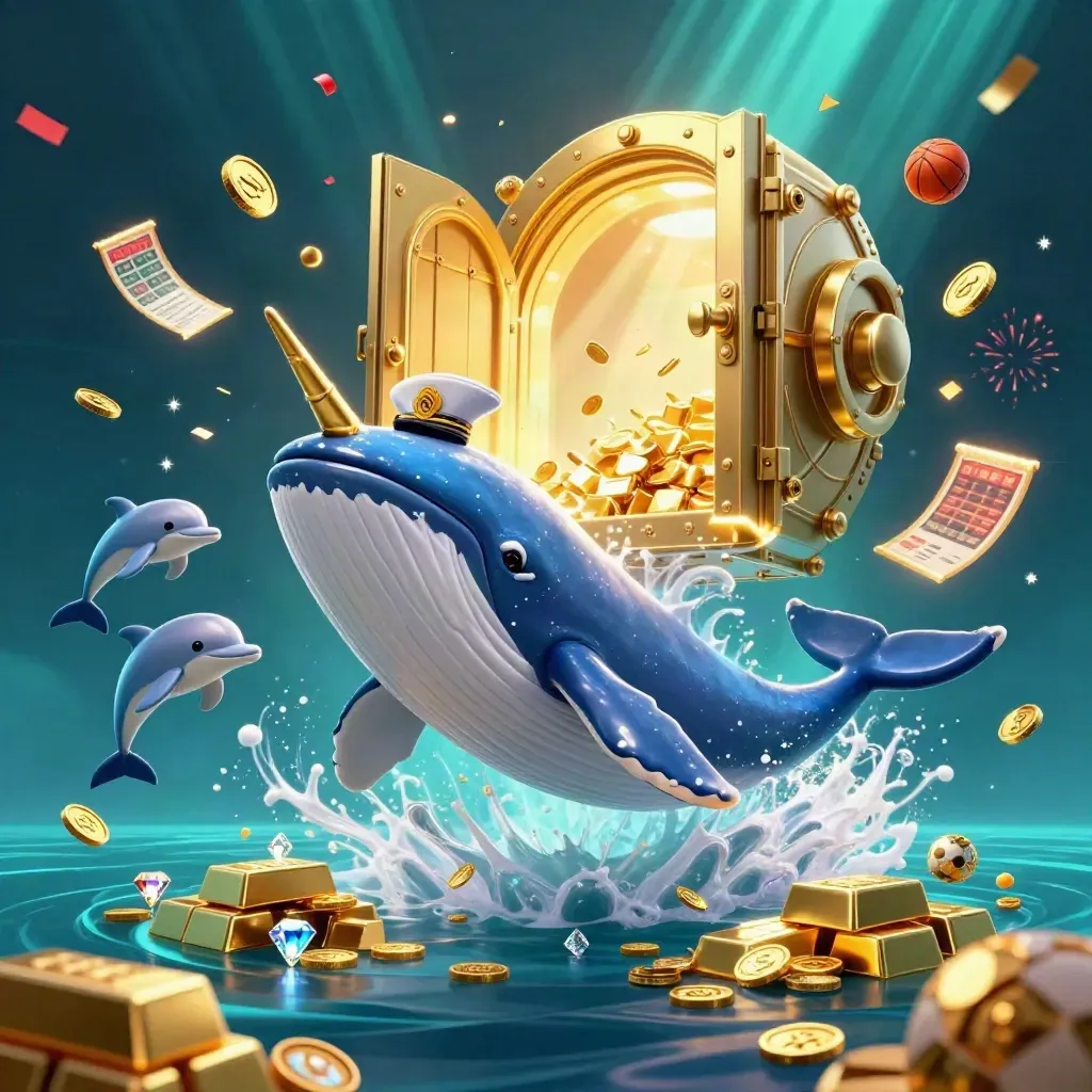 Whale captain, narwhal, dolphins, gold vault, coins, gems, sports balls, neon underwater casino art