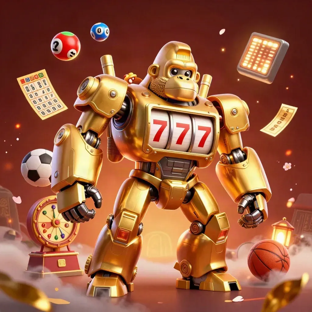 Golden gorilla mech with tiny monkey pilot amid casino lights and flying bonus objects.