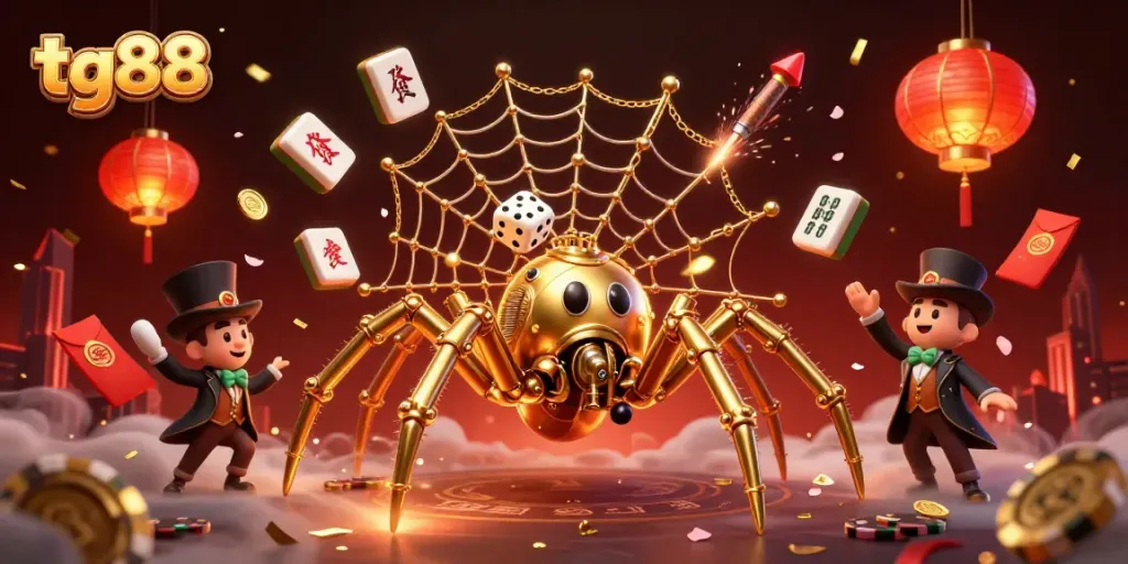 Experience thrilling gameplay at tg88 with a steampunk spider webbing together golden chains and poker chips in a vibrant casino scene.