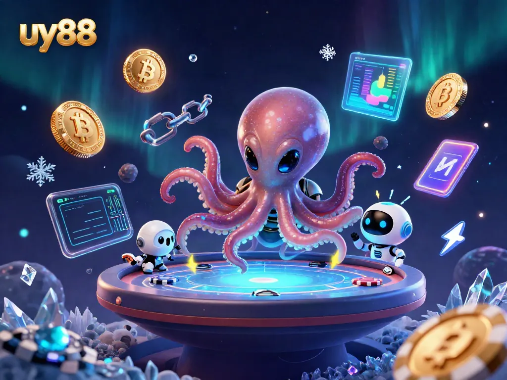 Join the fun at uy88 with an alien octopus masterfully dealing poker at a cosmic casino.
