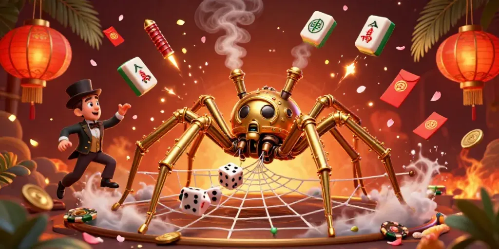 Engage with 789P's lively casino world featuring a steampunk spider, vibrant gaming elements, and festive decorations.