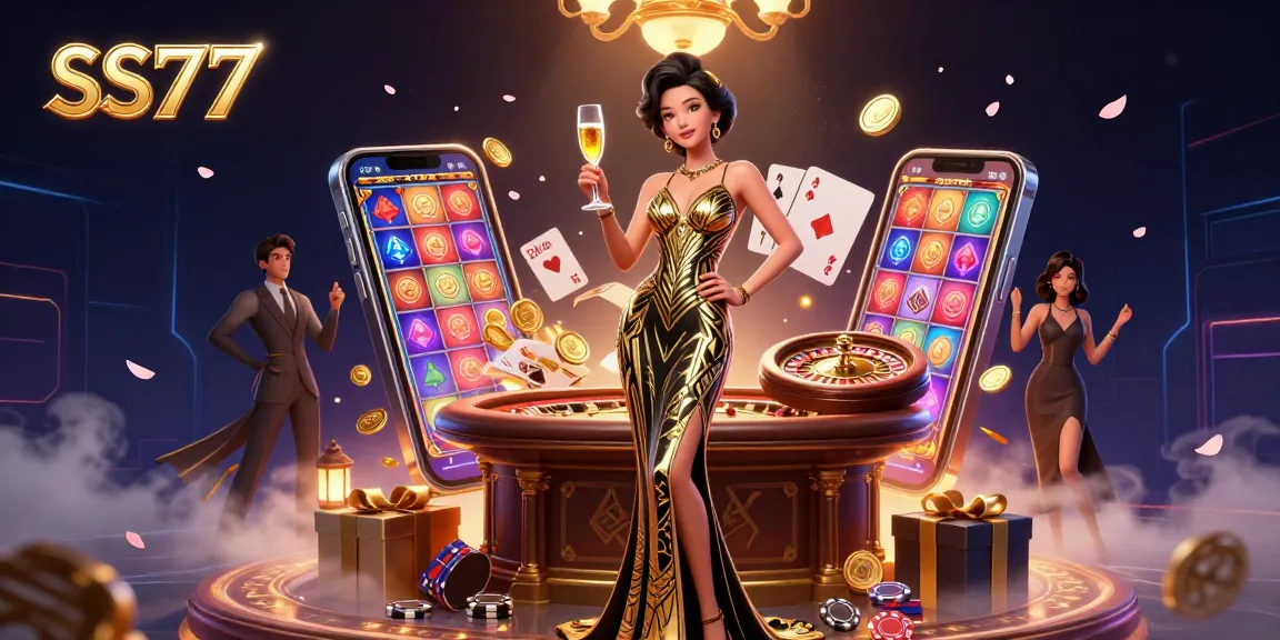 Experience high-stakes excitement with SS777, featuring a glamorous woman enjoying a casino atmosphere filled with vibrant games.