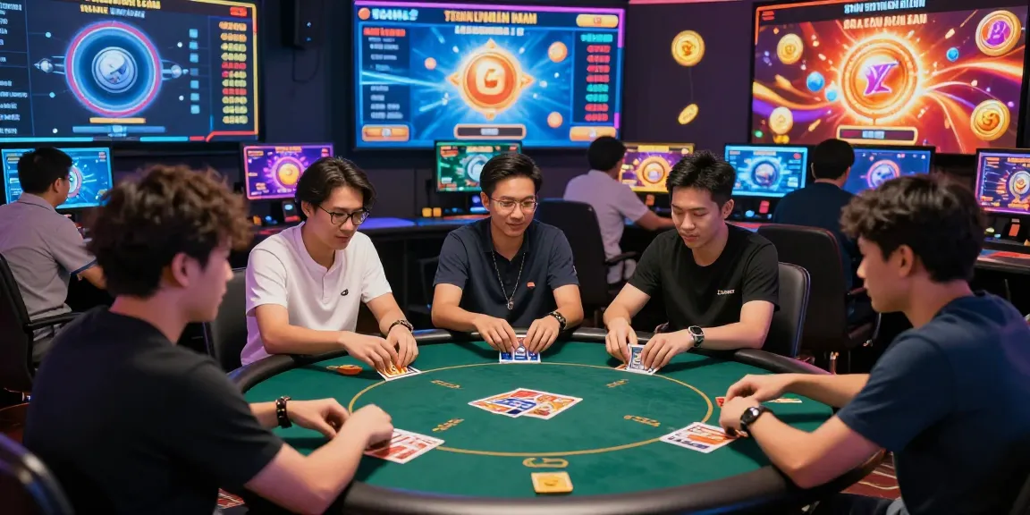 Group of diverse players engaged in online game bai doi thuong in a vibrant casino environment, showcasing excitement and interaction.