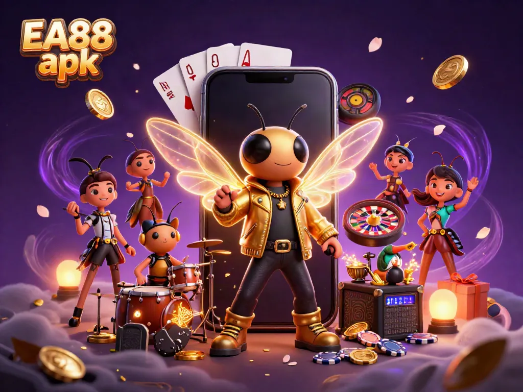 Experience the excitement of EA88 apk with a 3D illustration of characters celebrating a vibrant slot game.