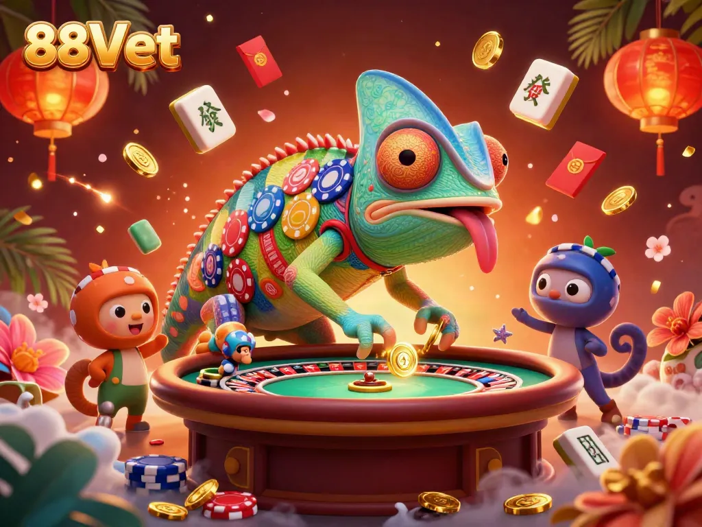 Experience the vibrant 88Vbet casino atmosphere with a colorful chameleon owner and dynamic game elements.