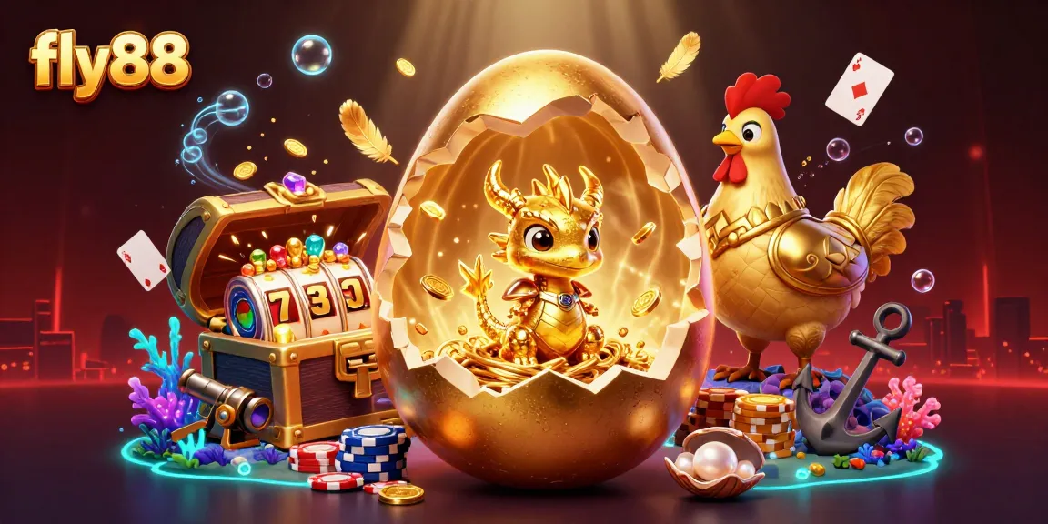 Experience the thrilling world of fly88 with a golden dragon and poker chips in a vibrant casino scene.
