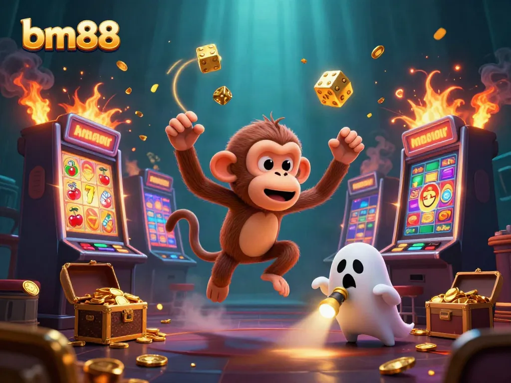 Experience thrilling gameplay at bm88 with a ghostly monkey juggling casino gold amid jackpot celebrations.