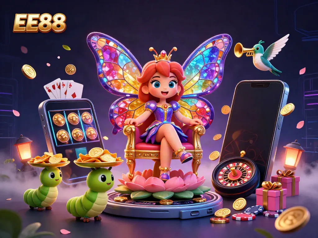 Experience thrilling gameplay with EE88 as a queen, surrounded by vibrant 3D casino elements.