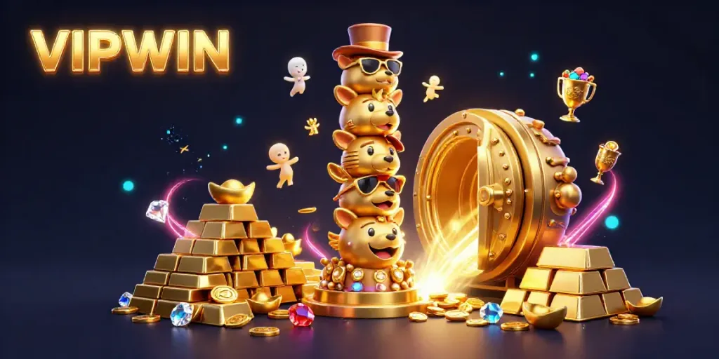 Experience the excitement of VIPWIN with a golden totem and treasure bursting with jewels and gold.