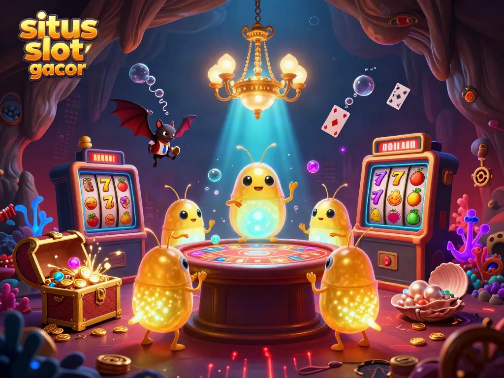 Situs slot gacor illustrated scene with glowworms in a vibrant casino, showcasing lively gaming elements.