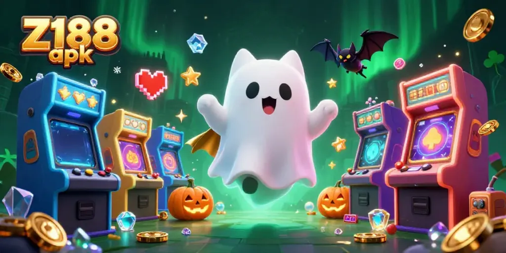 Experience the thrill of Z188 apk with a friendly ghost cat in a casino, surrounded by glowing game elements.