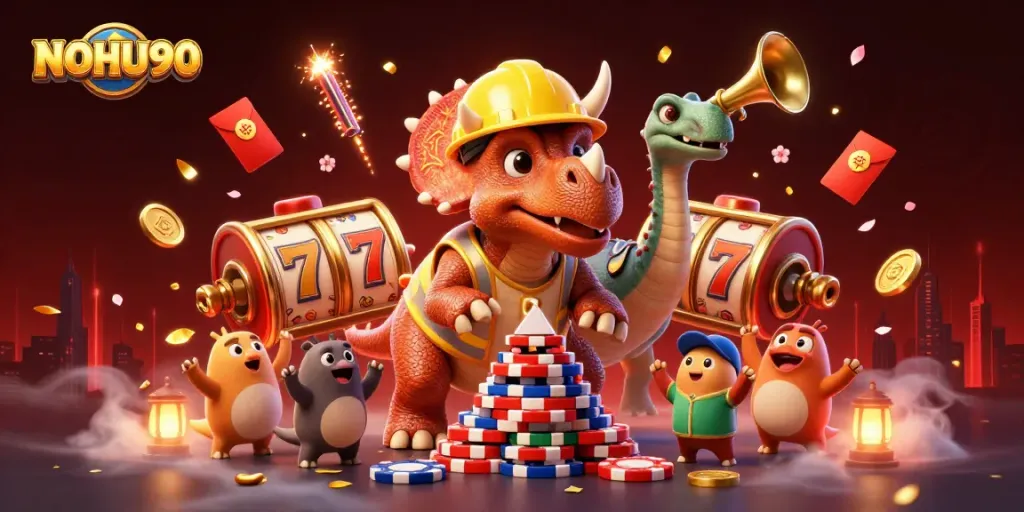 Experience thrilling wins at NOHU90 with a dynamic illustration of a triceratops building poker chip pyramids.