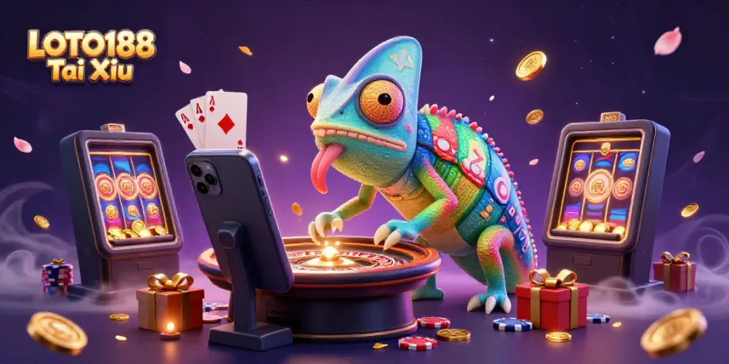 Experience LOTO188 Tai Xiu gameplay with a vibrant 3D casino scene featuring dynamic characters and exciting game elements.