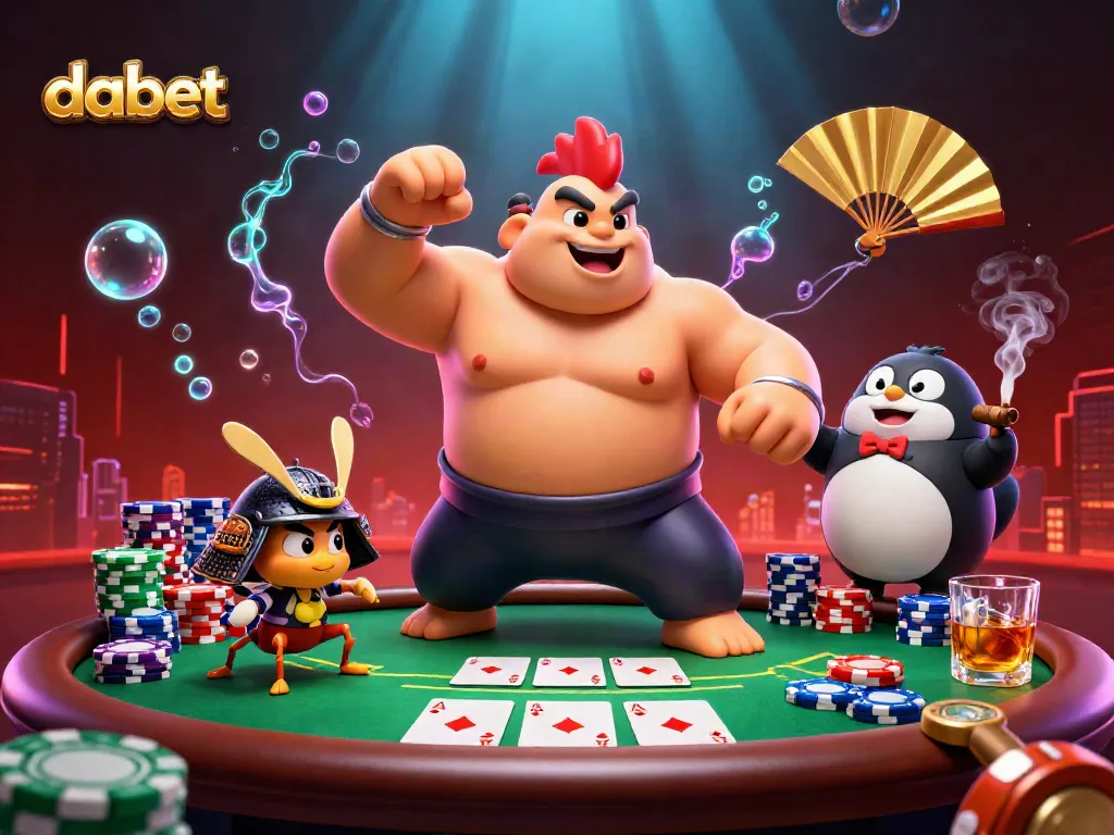 Dabet features a fierce sumo wrestler rooster and samurai cricket at a vibrant poker table.