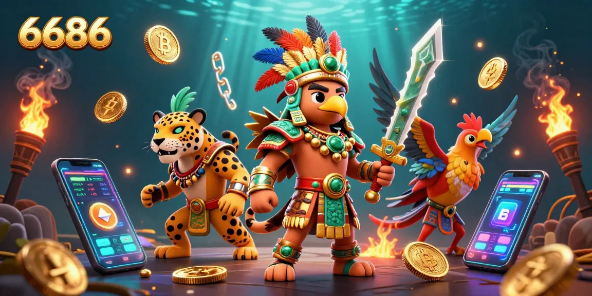 Win big with 6686 in this vibrant and dynamic 3D casino scene featuring mythical warriors and cryptocurrency elements.