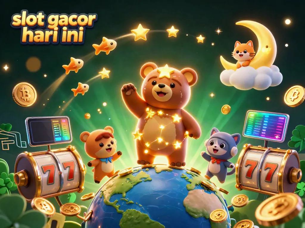 Experience thrilling slot gacor hari ini with a vibrant 3D scene of a constellation bear and crypto elements.