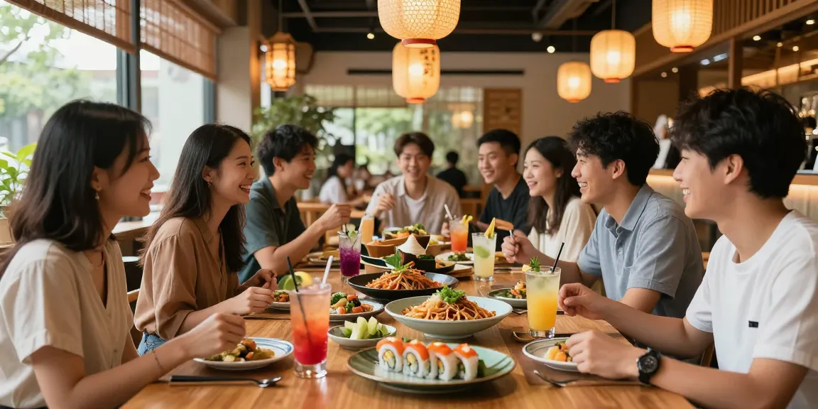 Friends enjoying a vibrant meal at RED88 restaurant with Asian fusion dishes and craft cocktails.