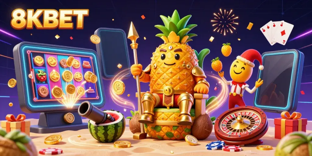 8KBET mang đến trải nghiệm thú vị với hình ảnh vua dứa và không gian sòng bạc sôi động.