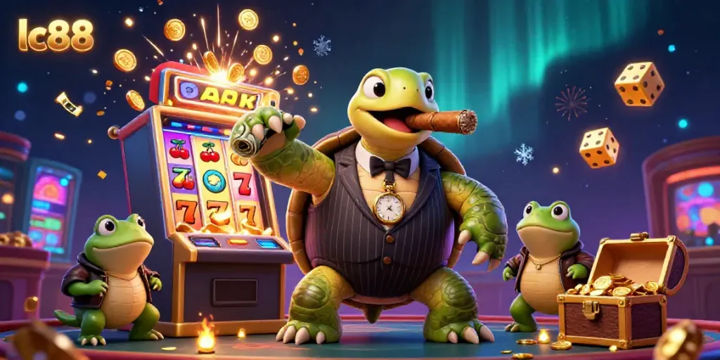 Engage with the vibrant lc88 gaming scene featuring a cartoon turtle mobster and bullfrogs among slot machine action.