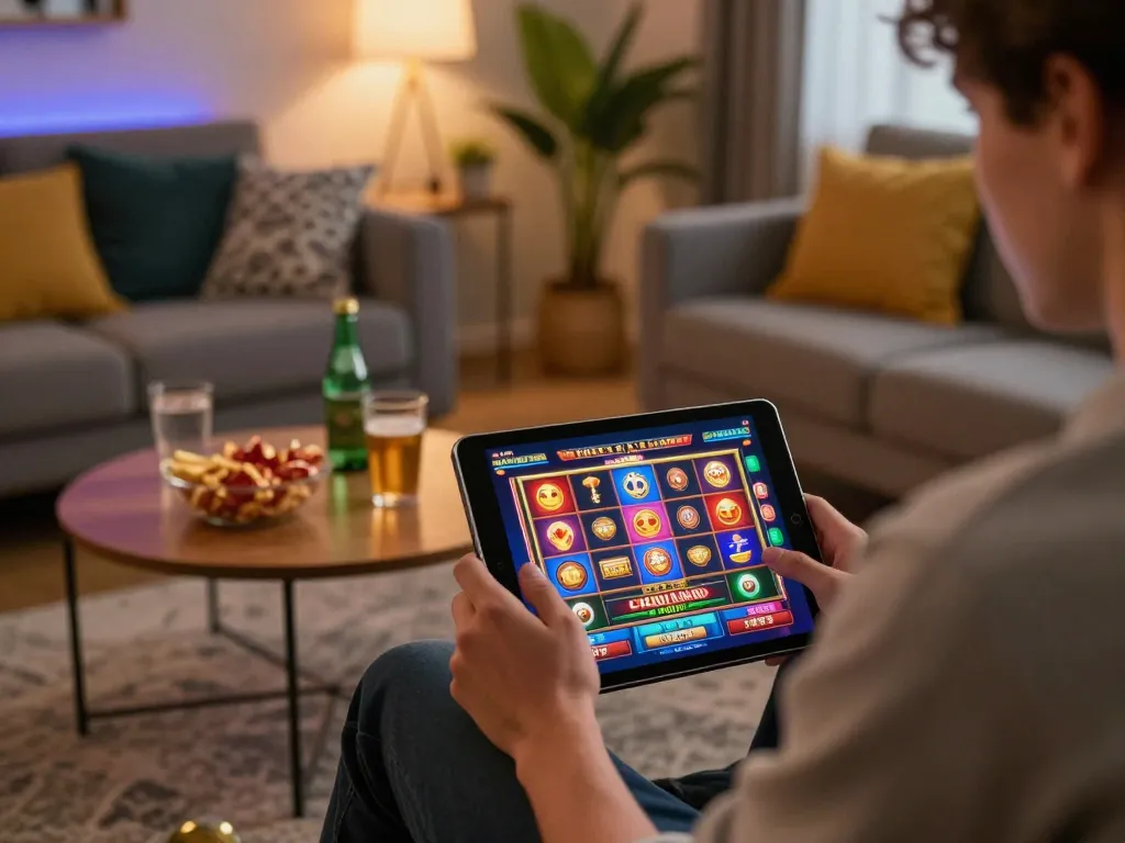 Engaging in online slots at home with go8 platform on tablet, showcasing dynamic gameplay and cozy surroundings