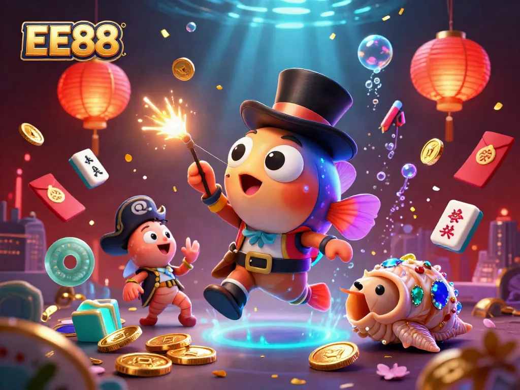 Experience a vibrant EE88 gaming adventure with anglerfish and pirate shrimp amid radiant casino elements.