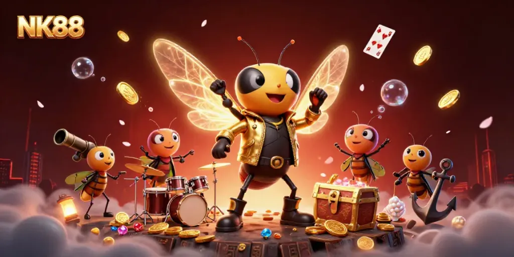 Witness NK88's vibrant online gaming scene with a buzzing cicada rock star, a dynamic drummer, and treasures around them.