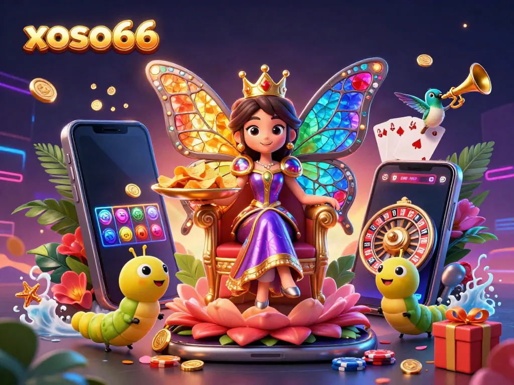 Experience the excitement of xoso66 with vibrant casino elements, featuring a butterfly queen and her dazzling companions.