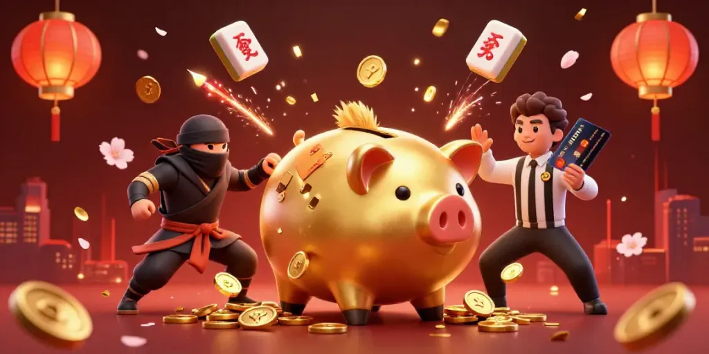 Experience exciting wins at galaxymacau88 with a lively scene of a golden piggy bank wrestler surrounded by action and celebration.